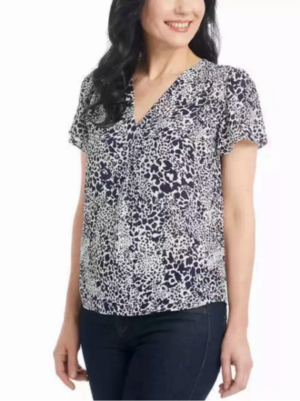 Hilary Radley Blue & White Leopard V-Neck Short Sleeve Top